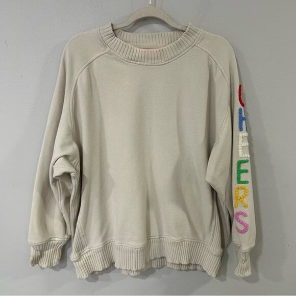 Aerie Pleated Sleeve Crewneck Cream Oversized Boxy Cheer Sweatshirt Size Large - Picture 3 of 10